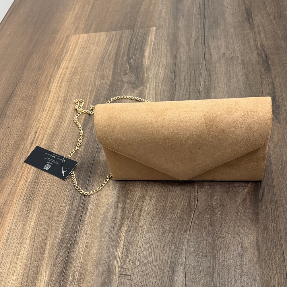 Suede Envelope Clutch Shoulder Bag in Camel